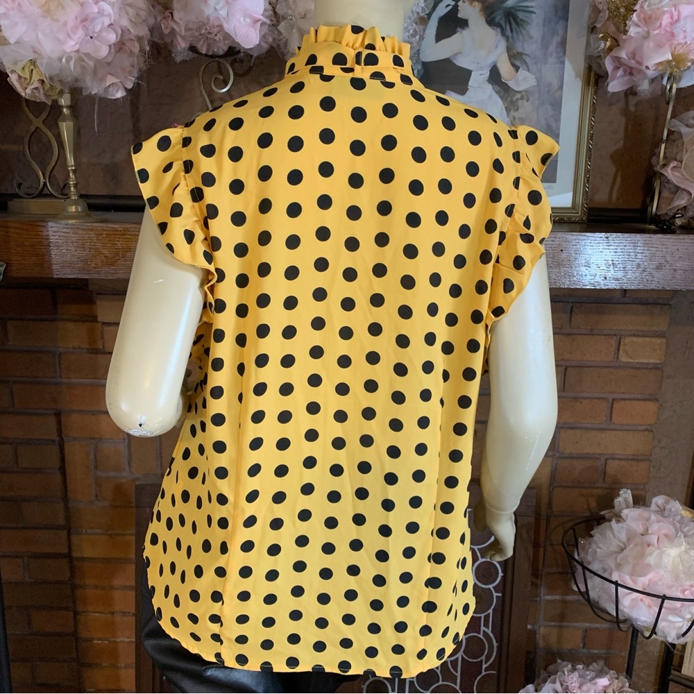 NEW YORK & COMPANY 7TH AVENUE DESIGN YELLOW & BLACK POLKA-DOT BLOUSE NWT (L) - Picture 5 of 12